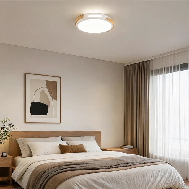 Alt view image 3 of 7 - Modern LED Ceiling Light, Wood Dimmable Flush Mount Ceiling Light Fixture | Minimalist Round 5CCT Lighting Lamp with Acrylic Lampshade for Bedroom Hallway Laundry, White 11.8"