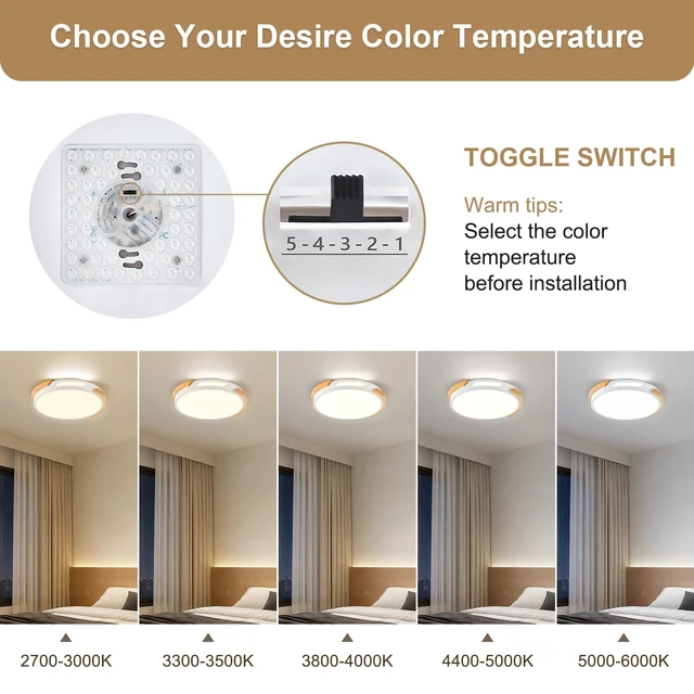Alt view image 5 of 7 - Modern LED Ceiling Light, Wood Dimmable Flush Mount Ceiling Light Fixture | Minimalist Round 5CCT Lighting Lamp with Acrylic Lampshade for Bedroom Hallway Laundry, White 11.8"