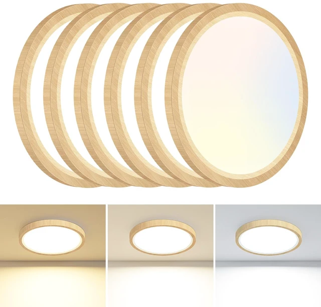 Main image of 6PACK Flush Mount Ceiling Light Fixtures - 3000K-4000K-6500K & 100W Equivalent Flat Led Lights for Room Ceiling,7Inch Ultra Thin Round White Ceiling Lights for Bedroom,Kitchen,Bathroom (Wood
