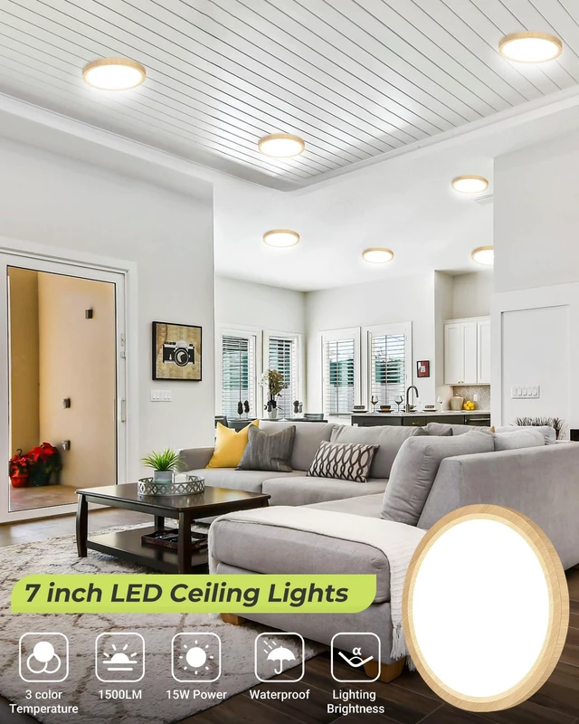 Alt view image 2 of 6 - 6PACK Flush Mount Ceiling Light Fixtures - 3000K-4000K-6500K & 100W Equivalent Flat Led Lights for Room Ceiling,7Inch Ultra Thin Round White Ceiling Lights for Bedroom,Kitchen,Bathroom (Wood