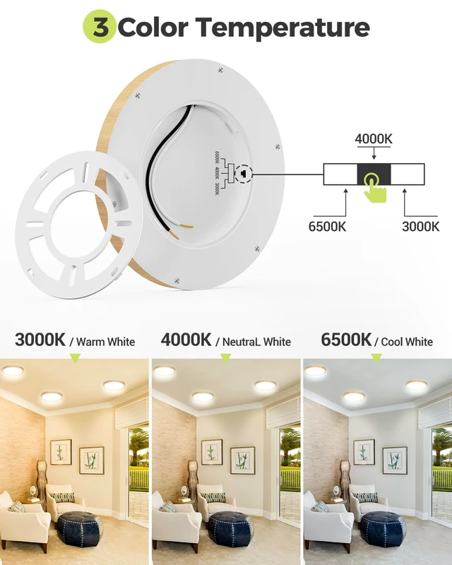 Alt view image 3 of 6 - 6PACK Flush Mount Ceiling Light Fixtures - 3000K-4000K-6500K & 100W Equivalent Flat Led Lights for Room Ceiling,7Inch Ultra Thin Round White Ceiling Lights for Bedroom,Kitchen,Bathroom (Wood