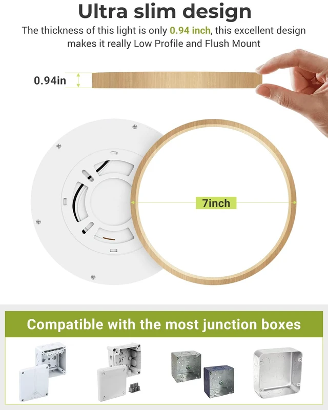 Alt view image 5 of 6 - 6PACK Flush Mount Ceiling Light Fixtures - 3000K-4000K-6500K & 100W Equivalent Flat Led Lights for Room Ceiling,7Inch Ultra Thin Round White Ceiling Lights for Bedroom,Kitchen,Bathroom (Wood
