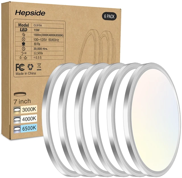 Main image of hepside 6PACK LED Flush Mount Ceiling Light, 3000K-4000K-6500K & 100W Equivalent Modern Kitchen Recessed Ceiling Lamp 15W 1500Lm 7 Inch for Bathroom Closet Laundry Bedroom