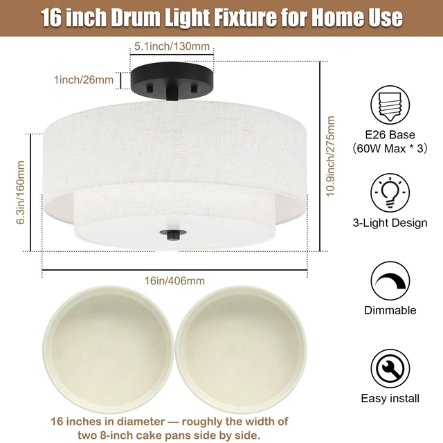 Alt view image 2 of 7 - Lodstob 16" Semi Flush Mount Ceiling Light,3-Light,2-Layer Beige Linen Drum | Farmhouse Ceiling Light with Linen Fabric Shade,E26,Great for Living Room,Dining Rooms,Bedroom,Kitchen,Bulbs NOT Included
