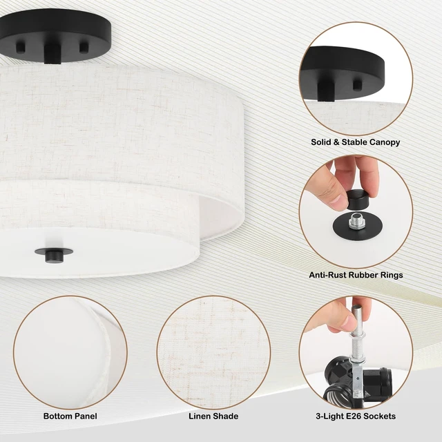 Alt view image 3 of 7 - Lodstob 16" Semi Flush Mount Ceiling Light,3-Light,2-Layer Beige Linen Drum | Farmhouse Ceiling Light with Linen Fabric Shade,E26,Great for Living Room,Dining Rooms,Bedroom,Kitchen,Bulbs NOT Included