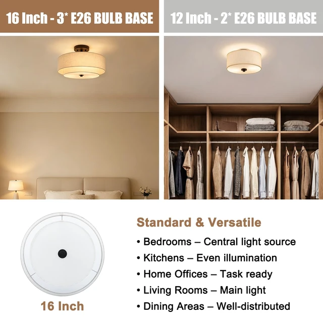 Alt view image 4 of 7 - Lodstob 16" Semi Flush Mount Ceiling Light,3-Light,2-Layer Beige Linen Drum | Farmhouse Ceiling Light with Linen Fabric Shade,E26,Great for Living Room,Dining Rooms,Bedroom,Kitchen,Bulbs NOT Included