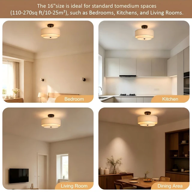 Alt view image 6 of 7 - Lodstob 16" Semi Flush Mount Ceiling Light,3-Light,2-Layer Beige Linen Drum | Farmhouse Ceiling Light with Linen Fabric Shade,E26,Great for Living Room,Dining Rooms,Bedroom,Kitchen,Bulbs NOT Included