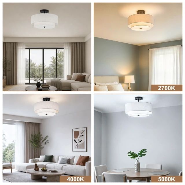 Alt view image 5 of 7 - Lodstob 16" Semi Flush Mount Ceiling Light,3-Light,2-Layer Beige Linen Drum | Farmhouse Ceiling Light with Linen Fabric Shade,E26,Great for Living Room,Dining Rooms,Bedroom,Kitchen,Bulbs NOT Included