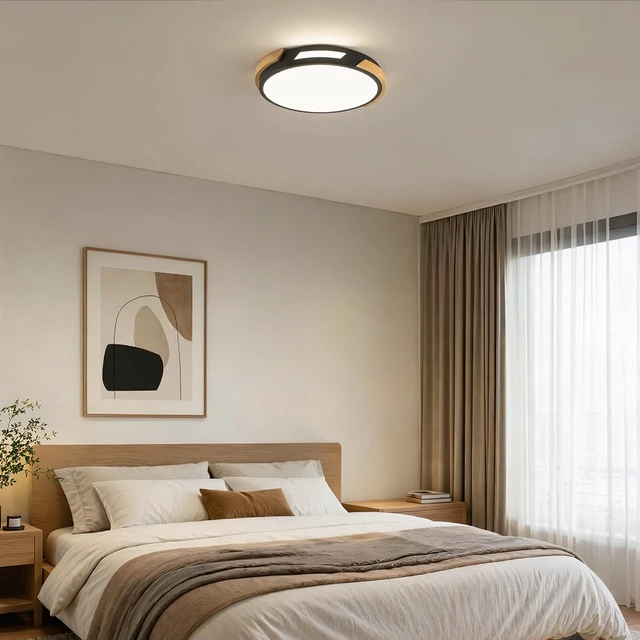 Alt view image 3 of 7 - Modern LED Ceiling Light, Wood Dimmable Flush Mount Ceiling Light Fixture | Minimalist Round 5CCT Lighting Lamp with Acrylic Lampshade for Bedroom Hallway Laundry, Black 11.81"