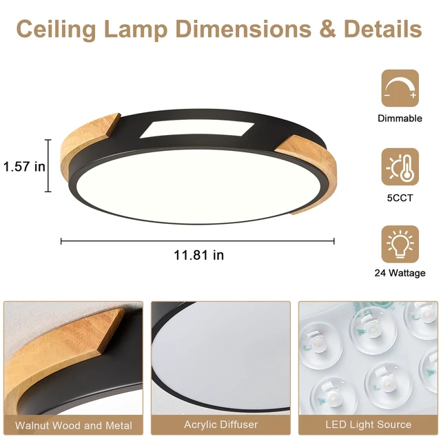 Alt view image 4 of 7 - Modern LED Ceiling Light, Wood Dimmable Flush Mount Ceiling Light Fixture | Minimalist Round 5CCT Lighting Lamp with Acrylic Lampshade for Bedroom Hallway Laundry, Black 11.81"