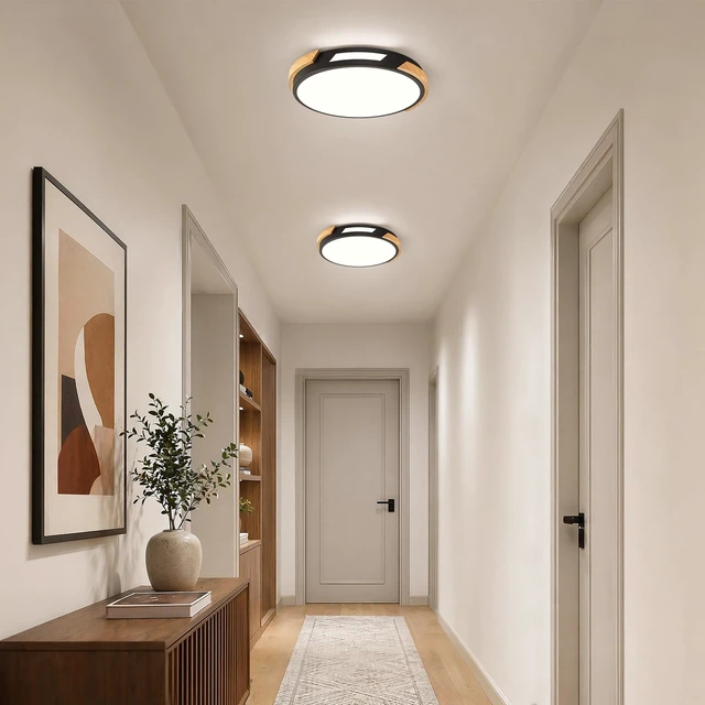 Alt view image 2 of 7 - Modern LED Ceiling Light, Wood Dimmable Flush Mount Ceiling Light Fixture | Minimalist Round 5CCT Lighting Lamp with Acrylic Lampshade for Bedroom Hallway Laundry, Black 11.81"