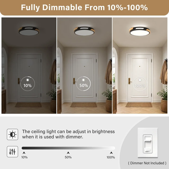 Alt view image 7 of 7 - Modern LED Ceiling Light, Wood Dimmable Flush Mount Ceiling Light Fixture | Minimalist Round 5CCT Lighting Lamp with Acrylic Lampshade for Bedroom Hallway Laundry, Black 11.81"
