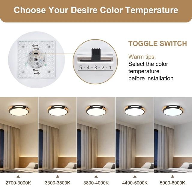 Alt view image 5 of 7 - Modern LED Ceiling Light, Wood Dimmable Flush Mount Ceiling Light Fixture | Minimalist Round 5CCT Lighting Lamp with Acrylic Lampshade for Bedroom Hallway Laundry, Black 11.81"