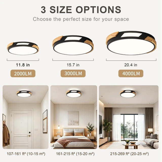 Alt view image 6 of 7 - Modern LED Ceiling Light, Wood Dimmable Flush Mount Ceiling Light Fixture | Minimalist Round 5CCT Lighting Lamp with Acrylic Lampshade for Bedroom Hallway Laundry, Black 11.81"