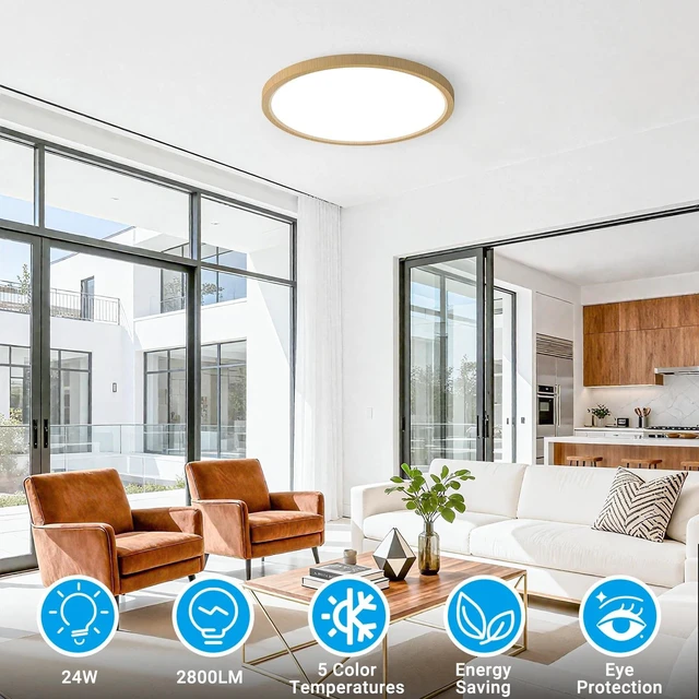 Alt view image 2 of 7 - Fairdeer 2 Pack LED Flush Mount Ceiling Light,12Inch 24W,3000K/3500K/4000K/5000K/6500K 5 Color Temperatures Ceiling Light Fixture for Kitchen Porch Hallway Bedroom Bathroom and Closet,Wood