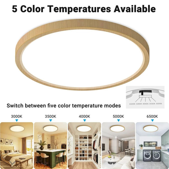 Alt view image 3 of 7 - Fairdeer 2 Pack LED Flush Mount Ceiling Light,12Inch 24W,3000K/3500K/4000K/5000K/6500K 5 Color Temperatures Ceiling Light Fixture for Kitchen Porch Hallway Bedroom Bathroom and Closet,Wood