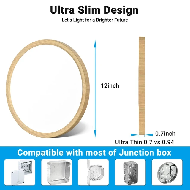 Alt view image 6 of 7 - Fairdeer 2 Pack LED Flush Mount Ceiling Light,12Inch 24W,3000K/3500K/4000K/5000K/6500K 5 Color Temperatures Ceiling Light Fixture for Kitchen Porch Hallway Bedroom Bathroom and Closet,Wood