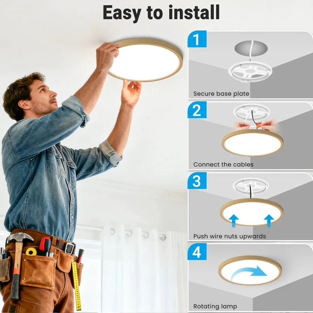 Alt view image 7 of 7 - Fairdeer 2 Pack LED Flush Mount Ceiling Light,12Inch 24W,3000K/3500K/4000K/5000K/6500K 5 Color Temperatures Ceiling Light Fixture for Kitchen Porch Hallway Bedroom Bathroom and Closet,Wood