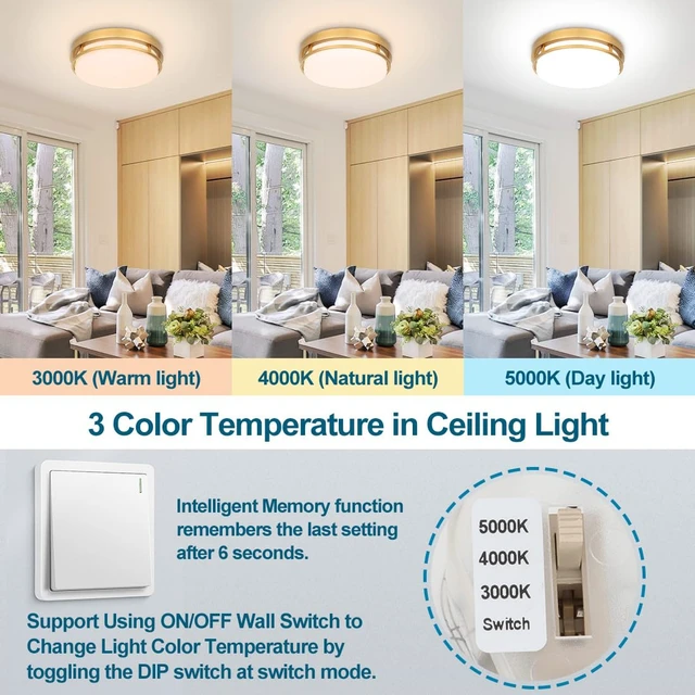 Alt view image 2 of 7 - Xbuyee 2Pack LED Flush Mount Ceiling Light Fixture 13inch 20W | 3000/4000/5000K Color Selectable, Dimmable Ceiling Lamp for Kitchen, Hallway, Stairwell, Gold, ETL Listed