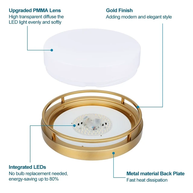 Alt view image 4 of 7 - Xbuyee 2Pack LED Flush Mount Ceiling Light Fixture 13inch 20W | 3000/4000/5000K Color Selectable, Dimmable Ceiling Lamp for Kitchen, Hallway, Stairwell, Gold, ETL Listed
