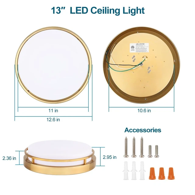 Alt view image 5 of 7 - Xbuyee 2Pack LED Flush Mount Ceiling Light Fixture 13inch 20W | 3000/4000/5000K Color Selectable, Dimmable Ceiling Lamp for Kitchen, Hallway, Stairwell, Gold, ETL Listed