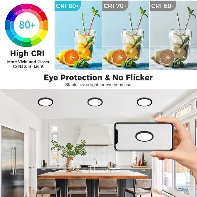 Alt view image 4 of 7 - libtit 4Pack 7inch LED Flush Mount Ceiling Light, Dimmable & 5Color Temperatures (3000K-6500K), 15W Round Slim Black Light Fixture for Closet Hallway Kitchen Bathroom Laundry