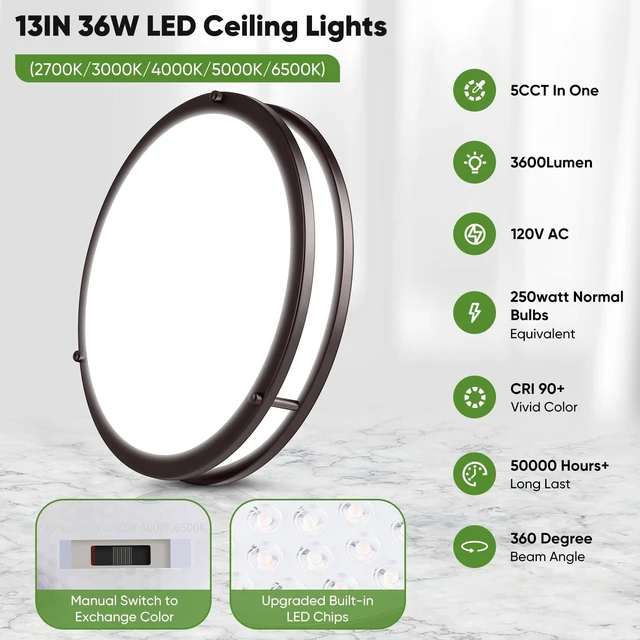 Alt view image 2 of 7 - 1-Pack 36W LED Ceiling Light, 13inch Oil Rubbed Bronze Flush Mount Light Fixture 3600LM 2700K/3000K/4000K/5000K/6500K Adjustable Ceiling Light, Modern Dimmable Lighting for Kitchen Hallway Bathroom