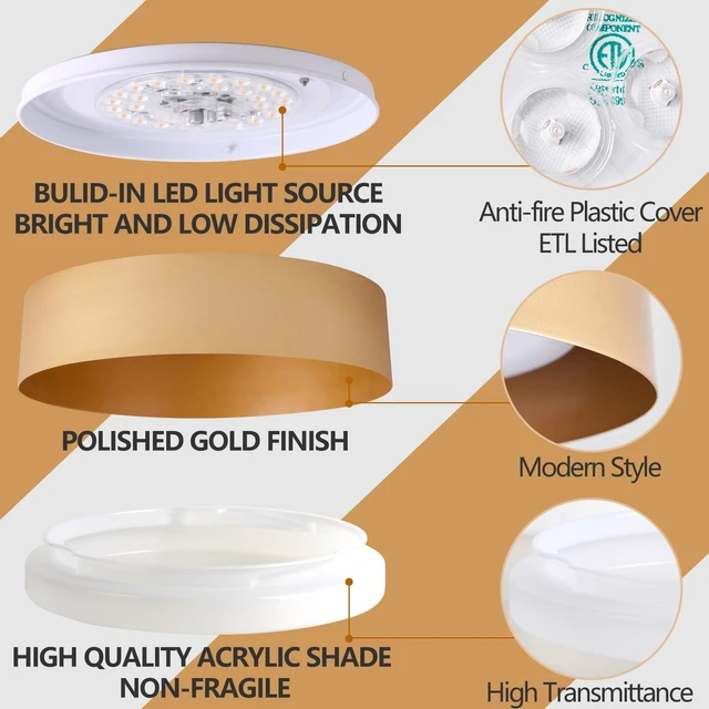 Alt view image 3 of 7 - Bargeni Gold Flush Mount Ceiling Light,LED Ceiling Light Fixture | 12.5" ETL-listed dimmable 18W LED light with 3000K warm glow, ideal for bedrooms, hallways, foyers and living rooms