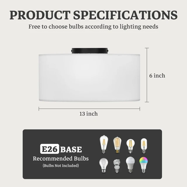 Alt view image 2 of 7 - Semi Flush Mount Ceiling Light Fixture,13inch Light Fixtures Ceiling Mount,3-Light Drum Light Fixture with White Shade,Modern Close to Ceiling Lamps for Living Room, Bedroom, Dining Room,Entryway