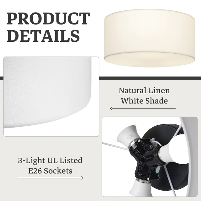 Alt view image 3 of 7 - Semi Flush Mount Ceiling Light Fixture,13inch Light Fixtures Ceiling Mount,3-Light Drum Light Fixture with White Shade,Modern Close to Ceiling Lamps for Living Room, Bedroom, Dining Room,Entryway