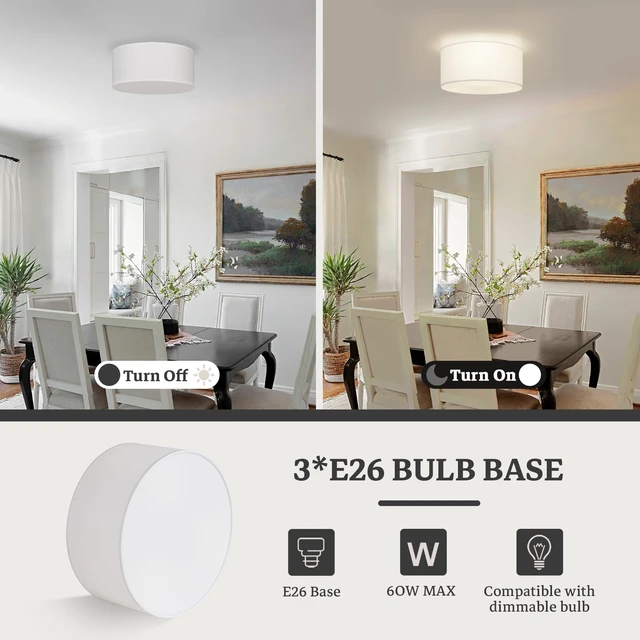 Alt view image 4 of 7 - Semi Flush Mount Ceiling Light Fixture,13inch Light Fixtures Ceiling Mount,3-Light Drum Light Fixture with White Shade,Modern Close to Ceiling Lamps for Living Room, Bedroom, Dining Room,Entryway