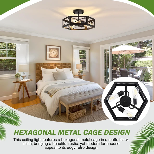 Alt view image 5 of 7 - Mikniri 3-Light Semi Flush Mount Ceiling Light, Kitchen Lighting Fixtures Ceiling, Black Dining Room Light Fixtures, Farmhouse Close to Ceiling Lights with Hexagon Cage for Bedroom Hallway Foyer
