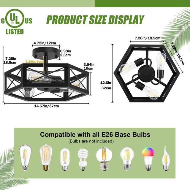 Alt view image 2 of 7 - Mikniri 3-Light Semi Flush Mount Ceiling Light, Kitchen Lighting Fixtures Ceiling, Black Dining Room Light Fixtures, Farmhouse Close to Ceiling Lights with Hexagon Cage for Bedroom Hallway Foyer