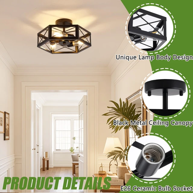 Alt view image 3 of 7 - Mikniri 3-Light Semi Flush Mount Ceiling Light, Kitchen Lighting Fixtures Ceiling, Black Dining Room Light Fixtures, Farmhouse Close to Ceiling Lights with Hexagon Cage for Bedroom Hallway Foyer