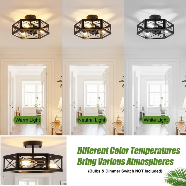 Alt view image 4 of 7 - Mikniri 3-Light Semi Flush Mount Ceiling Light, Kitchen Lighting Fixtures Ceiling, Black Dining Room Light Fixtures, Farmhouse Close to Ceiling Lights with Hexagon Cage for Bedroom Hallway Foyer