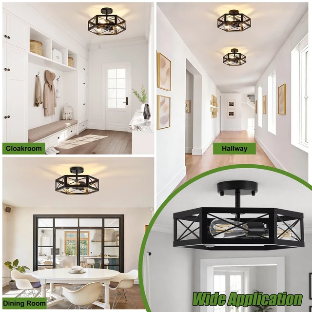 Alt view image 7 of 7 - Mikniri 3-Light Semi Flush Mount Ceiling Light, Kitchen Lighting Fixtures Ceiling, Black Dining Room Light Fixtures, Farmhouse Close to Ceiling Lights with Hexagon Cage for Bedroom Hallway Foyer