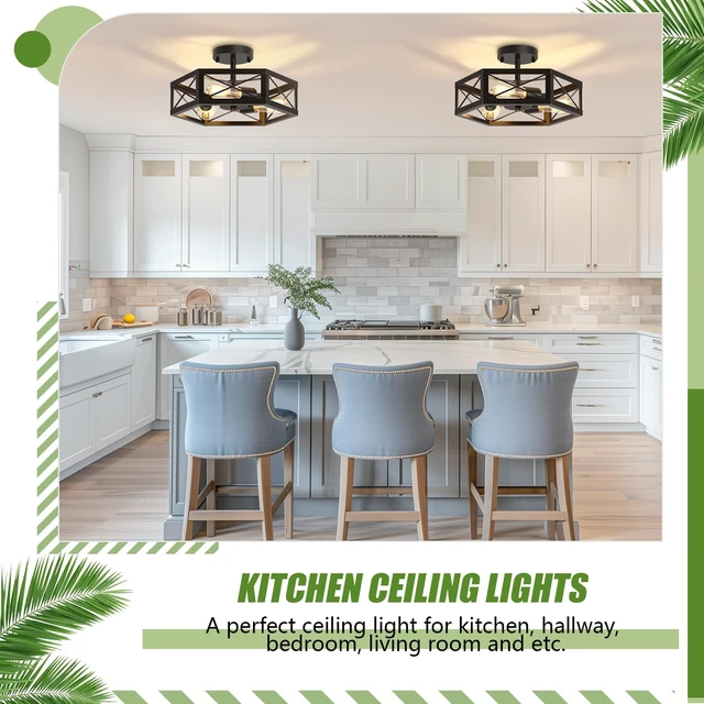 Alt view image 6 of 7 - Mikniri 3-Light Semi Flush Mount Ceiling Light, Kitchen Lighting Fixtures Ceiling, Black Dining Room Light Fixtures, Farmhouse Close to Ceiling Lights with Hexagon Cage for Bedroom Hallway Foyer