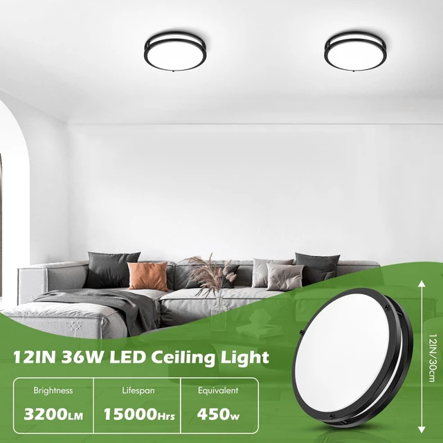 Alt view image 4 of 7 - 12 Inch Flush Mount Ceiling Lights, 36W 3200LM Light Fixtures Ceiling Mount | Dimmable, 3000K-5000K Selectable Black Modern Kitchen Light Fixtures for Stairwell, Balcony, Corridor, Laundry, 2-Pack