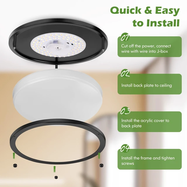 Alt view image 6 of 7 - GoBright 1-Pack 36W LED Ceiling Light Fixture (450W Equiv), 12IN Modern Flush Mount Ceiling Lights, Dimmable Ceiling Lamps Super Bright 3200LM, 2700K-6500K 5CCT Adjustable for Bedroom Kitchen, Black