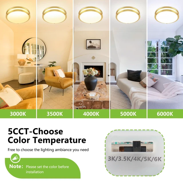 Alt view image 2 of 7 - OOWOLF 13inch LED Flush Mount Ceiling Light Fixture Dimmable Gold, Easy Install LED Ceiling Lamp Fixture Without Flicker, Super Bright 36W 3600LM 5CCT Warm to White Light 3000K to 6000K 2-Pack