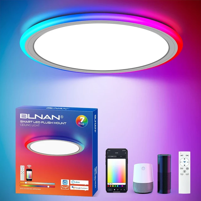 Main image of BLNAN Smart RGB LED Flush Mount Ceiling Light with Remote, 13 Inch 24W Dimmable Color Changing Low Profile Wired White Fixture, Works with Alexa Google Home App for Bedroom Living Kids Room Party