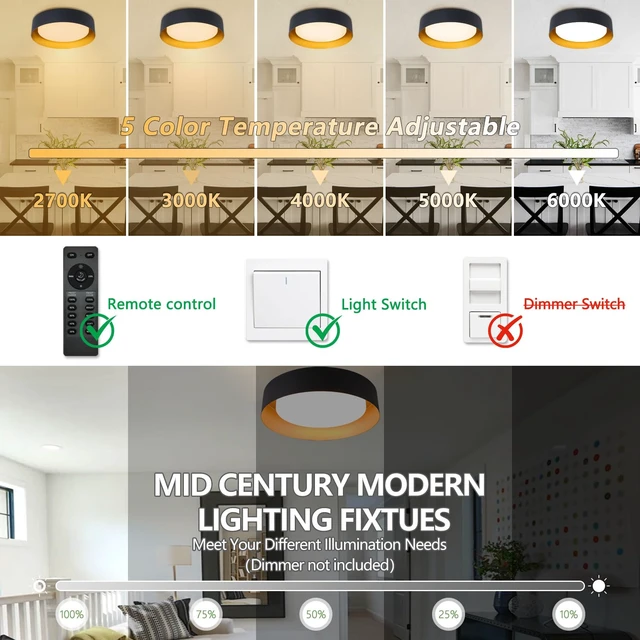 Alt view image 4 of 7 - Bargeni Flush Mount Ceiling Light with Remote & Night Light,5CCT | 12.5" 24W dimmable LED light with gold interior and 5CCT selection (2700K-6000K) for bedroom, living room and kitchen