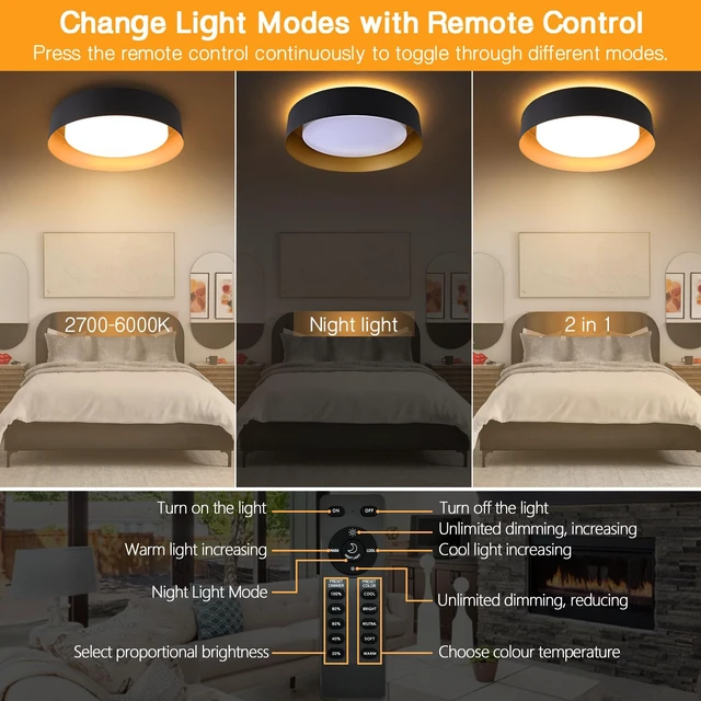 Alt view image 2 of 7 - Bargeni Flush Mount Ceiling Light with Remote & Night Light,5CCT | 12.5" 24W dimmable LED light with gold interior and 5CCT selection (2700K-6000K) for bedroom, living room and kitchen