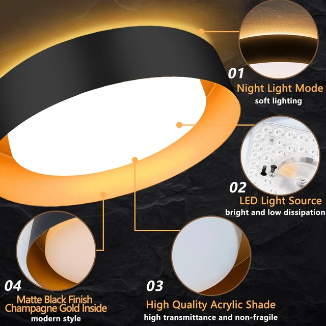 Alt view image 3 of 7 - Bargeni Flush Mount Ceiling Light with Remote & Night Light,5CCT | 12.5" 24W dimmable LED light with gold interior and 5CCT selection (2700K-6000K) for bedroom, living room and kitchen