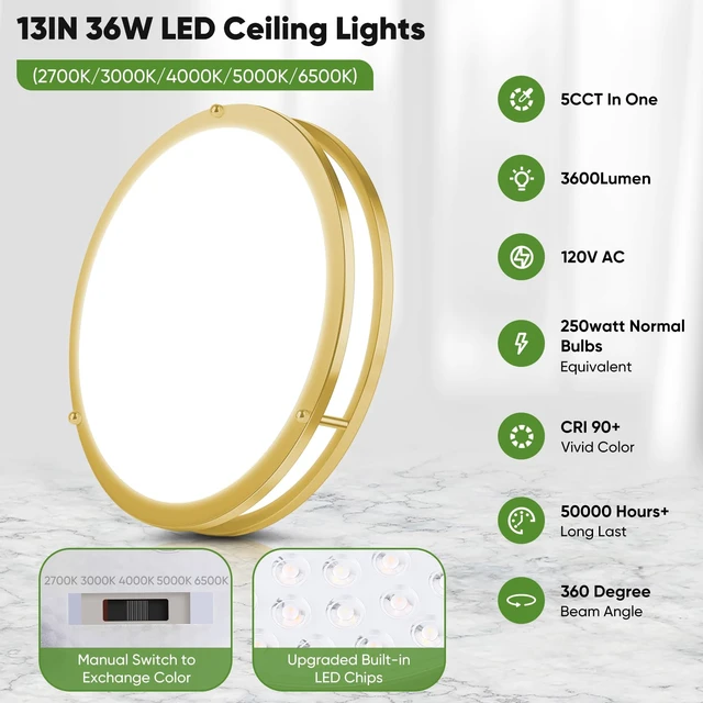 Alt view image 3 of 7 - 13 Inch LED Flush Mount Ceiling Light, Gold Kitchen Light Fixture with 2700K/3000K/4000K/5000K/6500K 5 Color Adjusted, Dimmable Modern Round LED Light for Bedroom Bathroom Living Room Laundry, 1-Pack