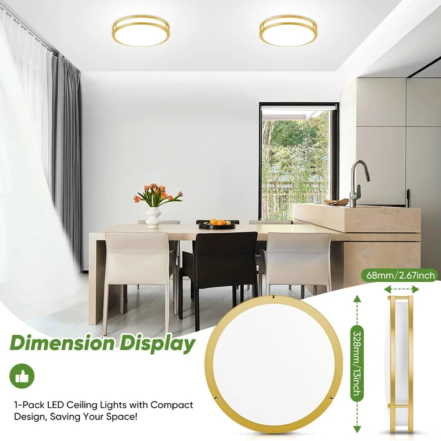 Alt view image 6 of 7 - 13 Inch LED Flush Mount Ceiling Light, Gold Kitchen Light Fixture with 2700K/3000K/4000K/5000K/6500K 5 Color Adjusted, Dimmable Modern Round LED Light for Bedroom Bathroom Living Room Laundry, 1-Pack