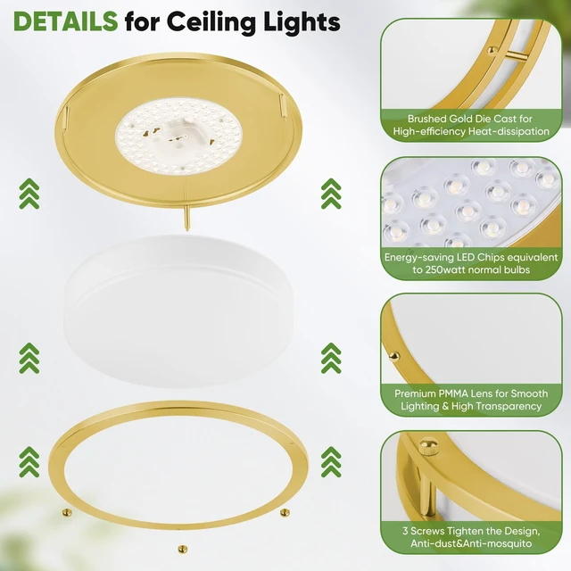 Alt view image 7 of 7 - 13 Inch LED Flush Mount Ceiling Light, Gold Kitchen Light Fixture with 2700K/3000K/4000K/5000K/6500K 5 Color Adjusted, Dimmable Modern Round LED Light for Bedroom Bathroom Living Room Laundry, 1-Pack