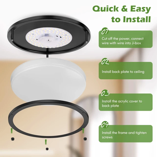 Alt view image 7 of 7 - 12 Inch Flush Mount Ceiling Lights, 36W 3200LM Light Fixtures Ceiling Mount | Dimmable, 3000K-5000K Selectable Black Modern Kitchen Light Fixtures for Stairwell, Balcony, Corridor, Laundry, 2-Pack