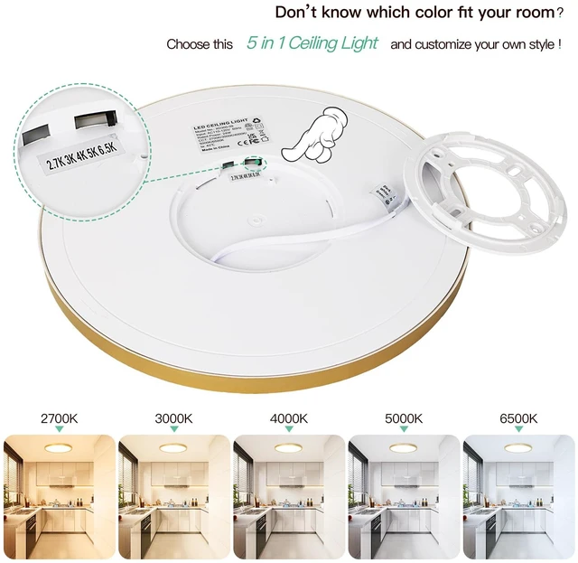 Alt view image 2 of 7 - Brightever 12 Inch LED Flush Mount Ceiling Light Fixture, Dimmable, 3200LM | 24W 2700K/3000K/4000K/5000K/6500K Selectable Round Flat Panel Light, Low Profile Ceiling Lamp for Bedroom, Gold 2Pack