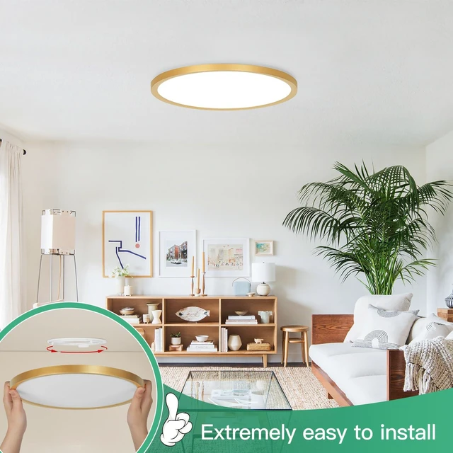 Alt view image 3 of 7 - Brightever 12 Inch LED Flush Mount Ceiling Light Fixture, Dimmable, 3200LM | 24W 2700K/3000K/4000K/5000K/6500K Selectable Round Flat Panel Light, Low Profile Ceiling Lamp for Bedroom, Gold 2Pack